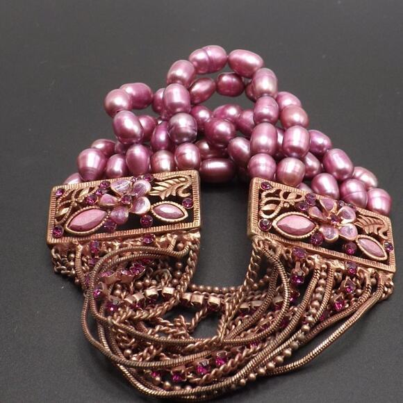 Pink Faux Pearl Floral Rhinestone Bracelet, Six Rows Glass Pearls, 7 Inches - Picture 9 of 14